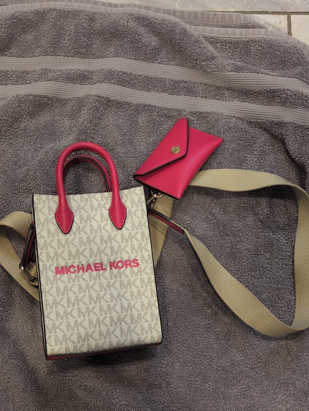 Michael Kors White MK Logo Crossbody with Pink Accents
